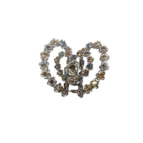 Pony Tail Holder Barrette Double Love Heart Design Rhinestones Silver Tone - Picture 2 of 4